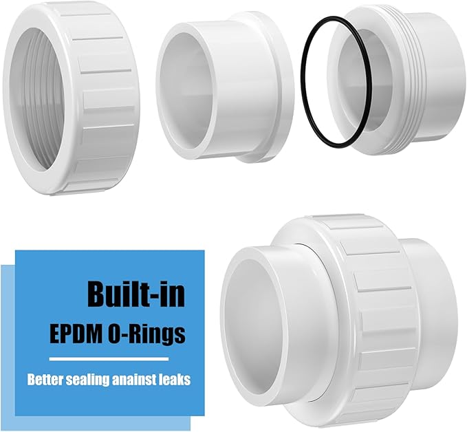 2PCS PVC Union Coupling 2Inch, Furniture Grade PVC Union Pipe Fittings with EPDM O-Ring, Schedule 40 White Slip Coupling Adapter for Irrigation, Pool & Spa System, indoor Plumbing Project