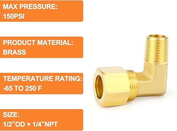 GASHER 5PCS Brass 90 Degree Elbow Compression Tube Pipe Fitting Connector, 1/2" Tube OD x 1/4" NPT Male Connector