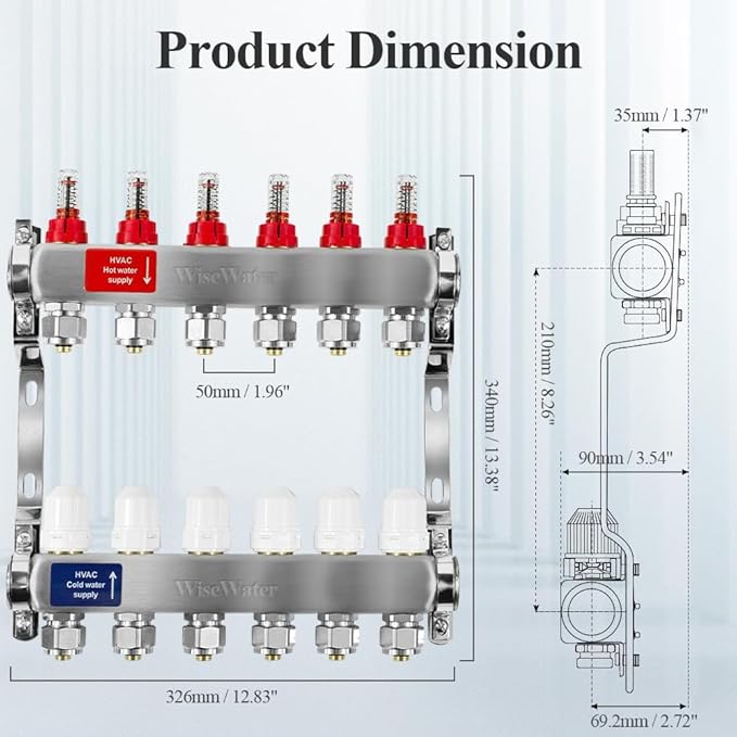 AB Radiant Heat Manifold, 6 Loop PEX Tubing Manifolds with Compatible Outlets, for Hydronic Radiant Floor Heating(1/2" connectors included)