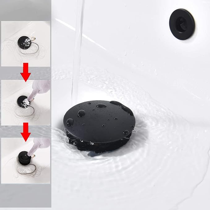 Bathroom Sink Drain,Drain Stopper Bathroom Sink Without Overflow,Pop Up Drain Assembly with Detachable Strainer Basket,Built-in Anti-Clogging Strainer,Stainless Steel Mattle Black