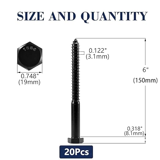 1/2" x 6" Hex Head Lag Screws Bolts 20Pcs 304 Stainless Steel 18-8, Partial Thread, Hexagon Head Wood Screws by Black Oxide by SG TZH