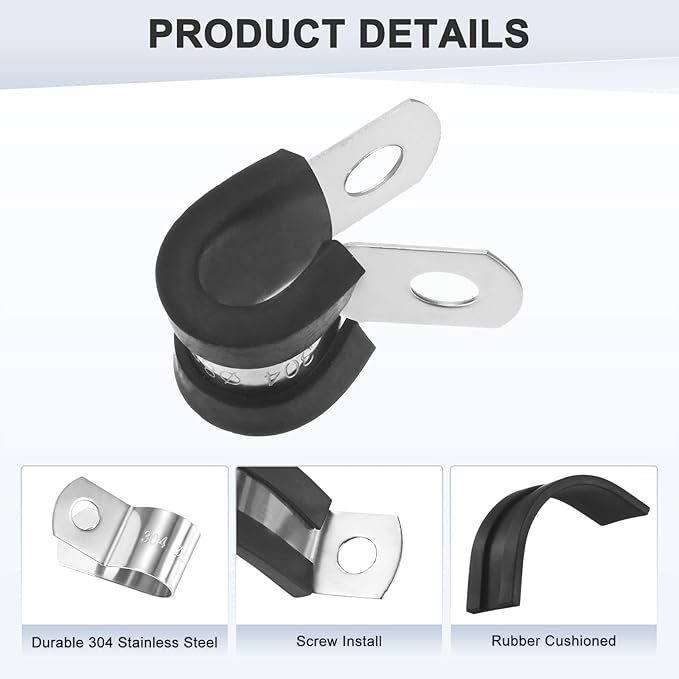 12-Pack Cable Clamps, 5/16 Inch/ 8 mm 304 Stainless Steel Rubber Cushioned Insulated Cable Clamp R Shape Metal Holder for Tube/Wire/Pipe/Loop Installation