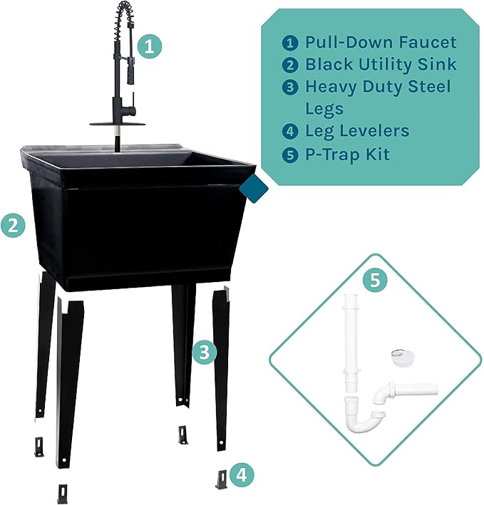 Utility Sink Extra-Deep Laundry Tub in Black with High-Arc Coil Pull-Down Sprayer Faucet in Matte Black, Integrated Supply Lines, P-Trap Kit, Heavy Duty Floor Mounted Freestanding Wash Station