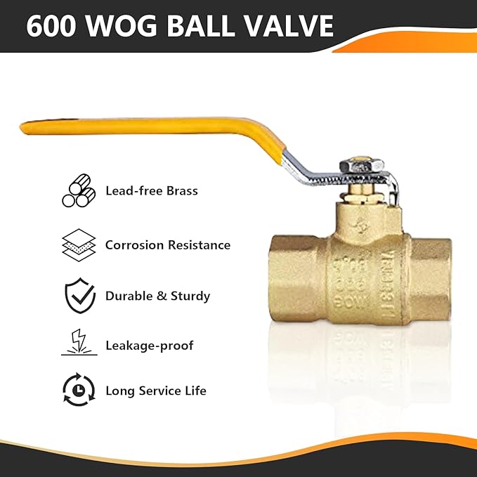 50-Pack HeSun 1/2 Inch FIP Threaded Ball Valve, Brass Full Port Shut-off Valve,1/2" Female NPT x 1/2" Female NPT, 600 WOG (Water, Oil and Gas),Yellow(VALVE226-50)