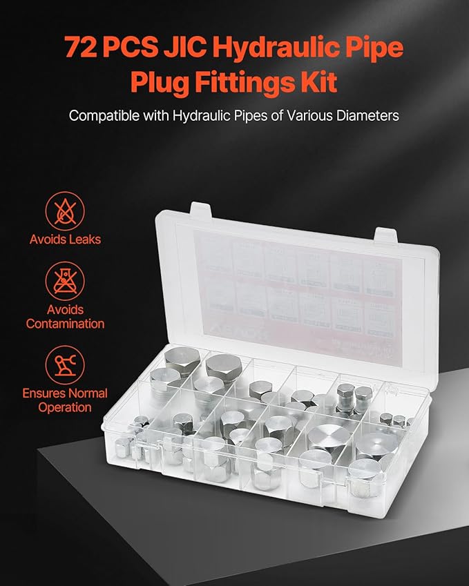 VEVOR 72 PCS JIC Hydraulic Fittings, Heavy Duty Master Industrial Hydraulic Cap and Plug, Hose Tube and Pipe Fitting Kit Cap and Plug Kit Precision Threading in 37° Dash Sizes 4 6 8 10 12 16