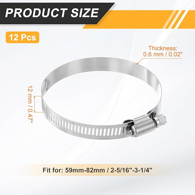 HARFINGTON 12 Pcs Hose Clamp 2-5/16"-3-1/4" (59-82mm) 304 Stainless Steel Adjustable Worm Gear Hose Clamp Assortment Kit for Fuel Line Pipe Plumbing Automotive Tube Mechanical
