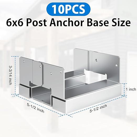 10 pcs 6x6 Galvanized Post Base for Concrete, Post Deck Base Anchor with 1" Standoff for Deck/Gazebo/Pergola/Porch