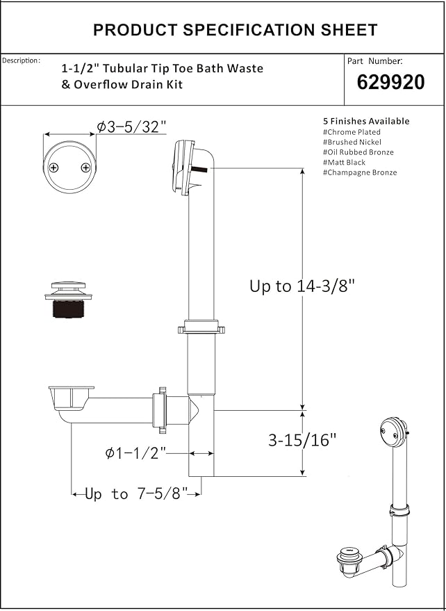 Artiwell 1-1/2" Black Tubular Bath Drain Kit with Tip-Toe Bath Drain Stopper, Touch-Toe Tub Drain, Tip Toe Bathtub Drain Waste and Overflow with Plug and Bathtub Overflow Drain Cover, Brushed Nickel