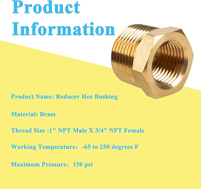 6 PCS Brass Reducer Hex Bushing Threaded Pipe Fitting 1" NPT Male x 3/4" NPT Heavy Duty Brass Fitting Pipe Hose Tube Adapter Convert
