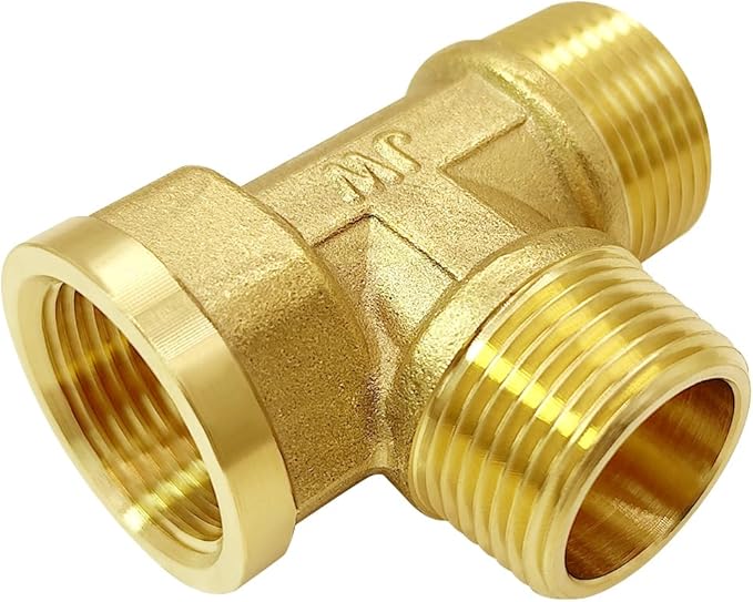Joywayus Brass Pipe Fitting Barstock Tee 3 Way NPT 3/4" Female x 3/4" Male x 3/4" Male Hose Fitting