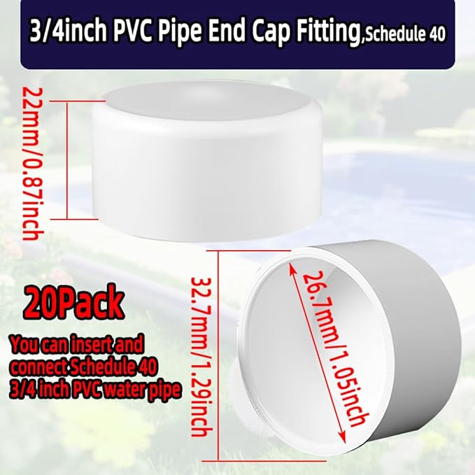20Pack 3/4inch PVC Pipe End Cap Fitting,Schedule 40,3/4" PVC Pipe End Cap Plug Adapter for Cold Water Supply Lines,DIY Garden Shelf,& Garden Irrigation,White.