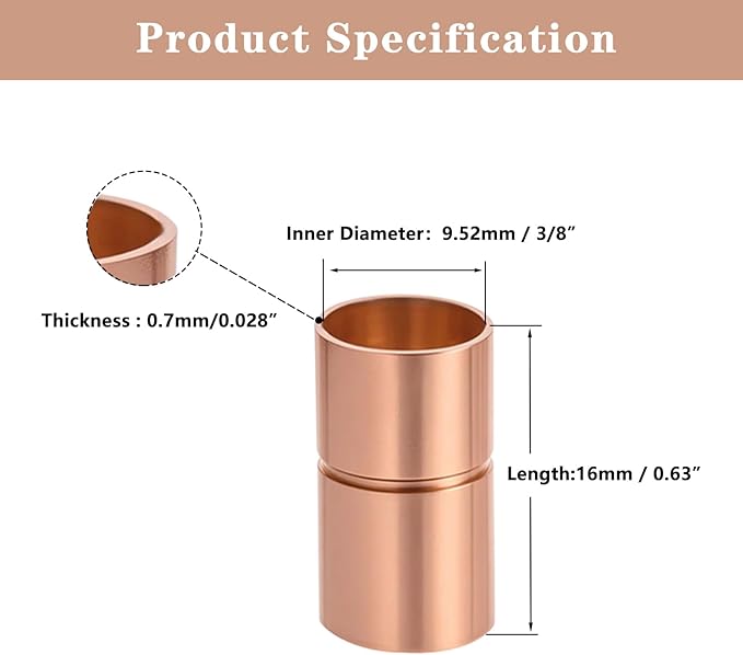 Straight Copper Coupling Fittings, 3/8 Inch Copper Pipe Welding Joint Connector Adapter for HVAC Air Conditioner, Sweat End Pipe Fitting with Rolled Tube Stop, Pack of 6