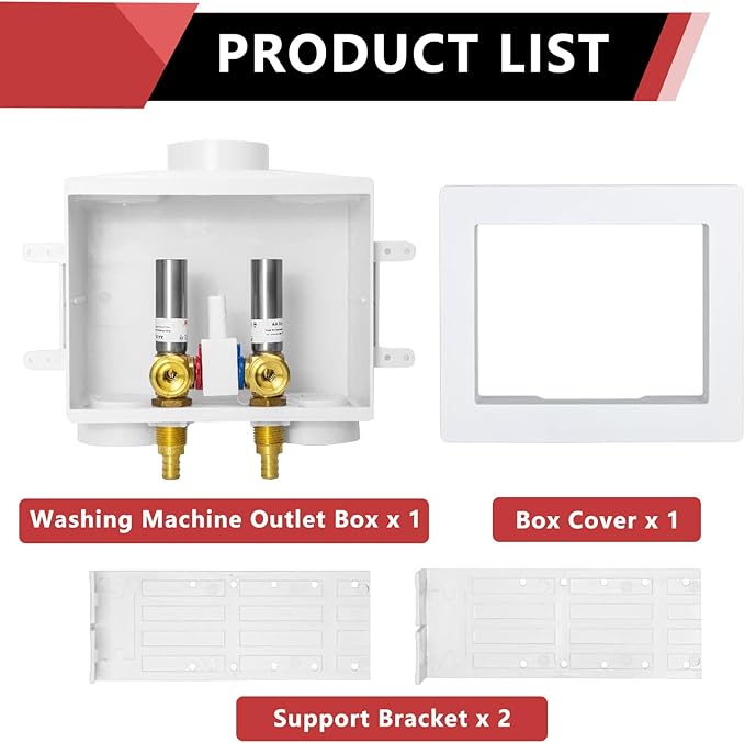 EFIELD Two Drain Washing Machine Outlet Box, 1/2-inch Barb Crimp Pex F1807, Single Control Valve, Stainless Steel Water Hammer Arrestor,(WM017)