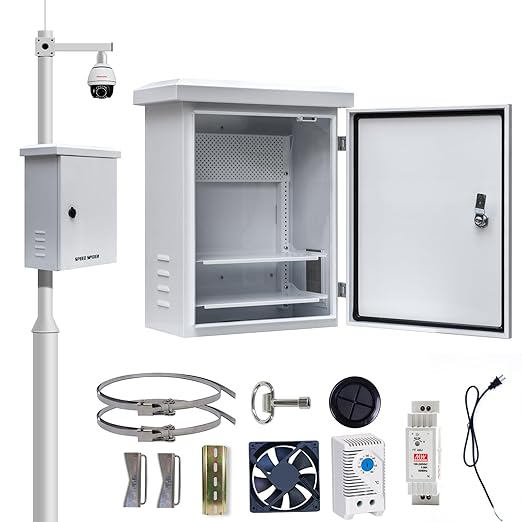 Outdoor Electrical Box withElectrical Cabinet Cooling Fan and Thermostat Set 15.7 * 19.7 * 7.9" IP Weatherproof Box,Vented Box with Removable Mounting Plate Wall/Pole Mounted(40 * 50 * 20cm)