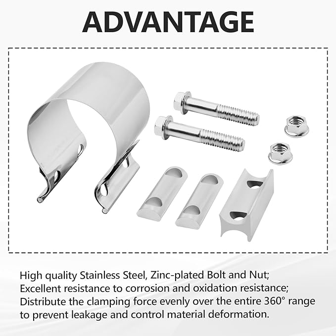 T304 Stainless Steel 2.25'' Inch Exhaust Clamp,2 1/4 Inch Butt Joint Exhaust Seal Band Clamp Sleeve Coupler Universal For Exhaust System 2PCS Polished