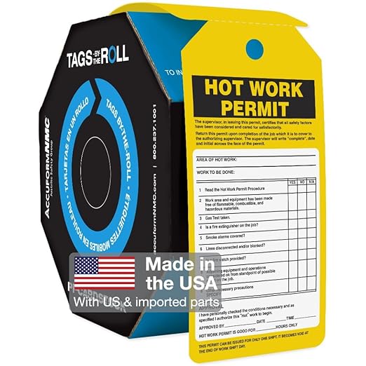 AccuformNMC 100 Inspection and Status Record Tags by-The-Roll, Hot Work Permit, US Made OSHA Compliant Tags, Waterproof PF-Cardstock, Resists Tears, 6.25"x3", TAR706
