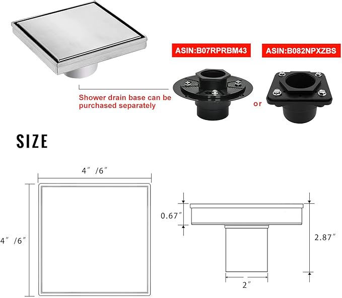 SaniteModar Square Shower Drain 4 inch Comes with Tiled Stealth and 304 Stainless Steel Brushed 2 in 1 Panels. The Shower Drain is Equipped Hair Filters and Threaded Joint with Rubber Seal