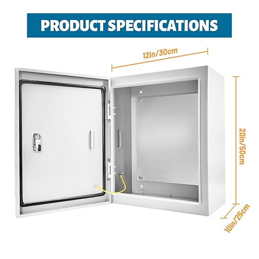 Outdoor Electrical Box 20 x 12 x 10''D NEMA 4X Enclosure Steel Box, Waterproof & Dustproof Outdoor/Indoor Lockable Electrical Junction Box, with Mounting Plate