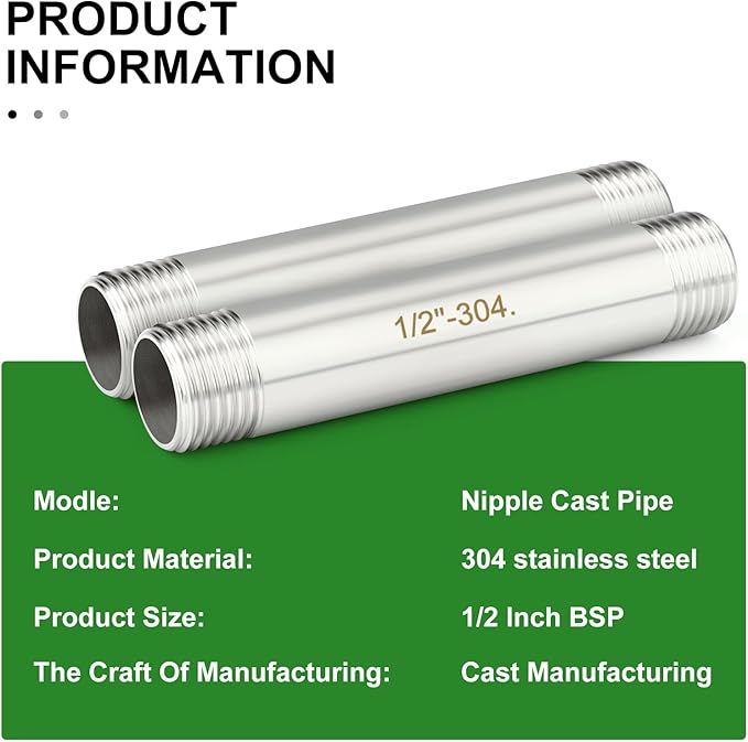 TAISHER 2PCS Stainless Steel Pipe Fittings, 1/2" BSP Male x 1/2" BSP Male Threaded, 6" Length Nipple Cast Pipe
