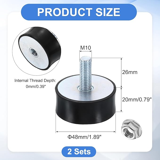 uxcell M10 Rubber Mounts, 2Pcs 48x20mm(DxH) Rubber Cylindrical Anti Vibration Isolator Shock Absorber with Lock Nut for Car Bobbin Generator Air Compressors