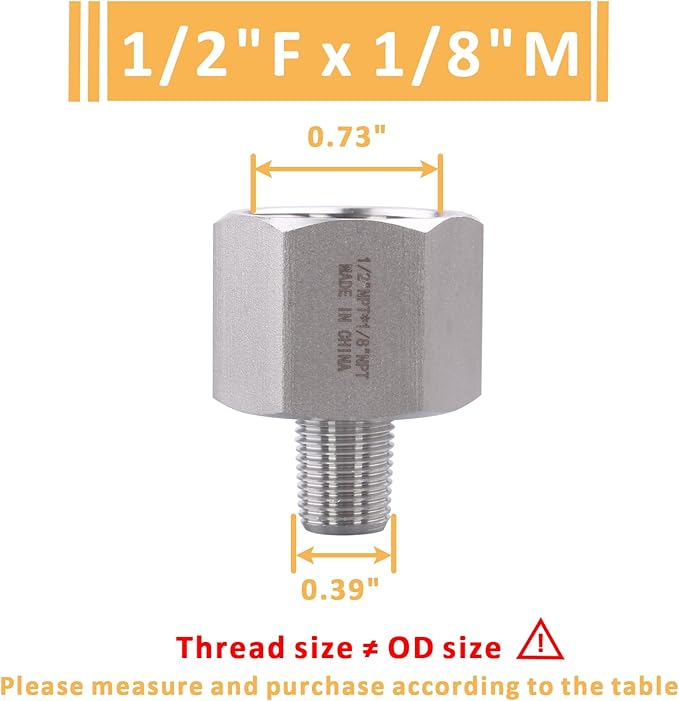 Forged Reducer Adapter Fitting - Stainless Steel 304 Reducing Pipe Connector, 1/2" NPT Female x 1/8" NPT Male (pack of 2)