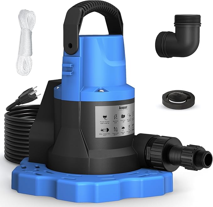 1 HP Automatic Swimming Pool Cover Pump, 5000 GPH 115V Submersible Pump with 3/4” Check Valve Adapter & 26ft Power Cord, Water Removal for Pool, Hot Tubs, Rooftops, Water Beds and more