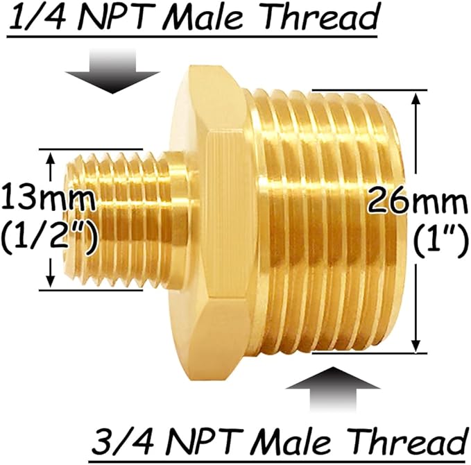 3PCS Brass Reducer Adapter, 1/4" NPT Male to 3/4" NPT Male Thread, Hex Reducing Pipe Fitting Coupler Nipple Connector for Water/Oil/Gas