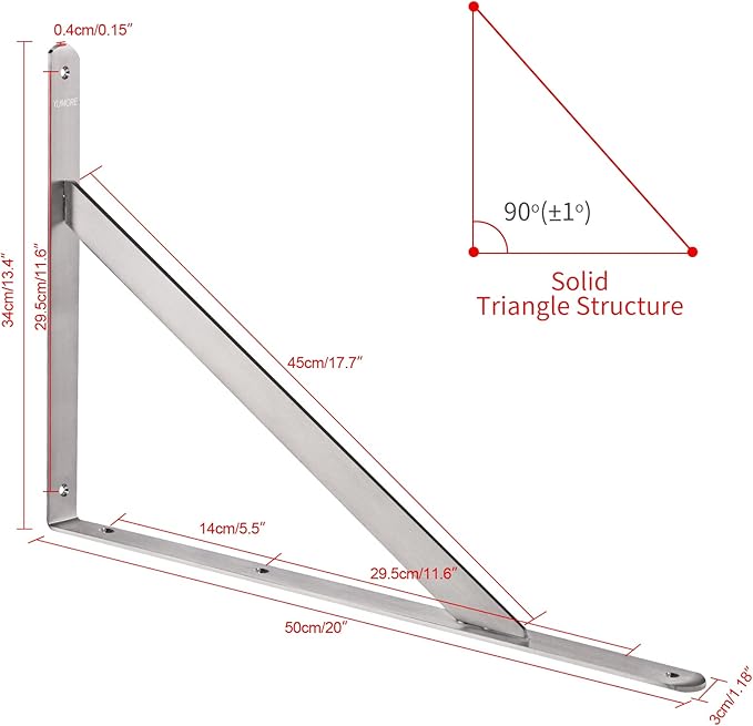 YUMORE Shelf Bracket 20", Max Load: 550lb, Heavy Duty Stainless Steel Solid Shelf Support Corner Brace Joint Right Angle L Bracket, Pack of 2