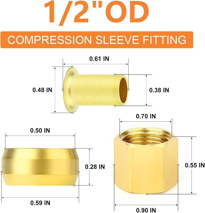 GASHER 60PCS Brass Compression Fitting Kit,Sleeve Ferrules&Insert Tube Support&Ferrule head,1/2" Tube OD