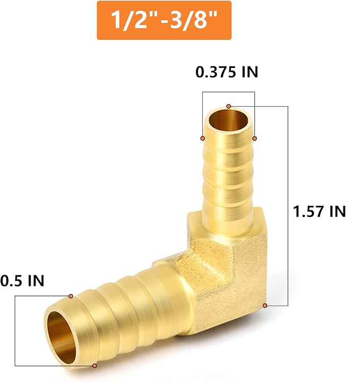 GASHER 10 Pieces Brass Hose Barb Reducer, 1/2 Inch to 3/8 Inch Barb Hose ID 90 Degree L Right Angle Elbow with 20 Hose Clamps, Brass Barb Reducer SPLICER Fitting Fuel/AIR/Water/Oil/Gas/WOG