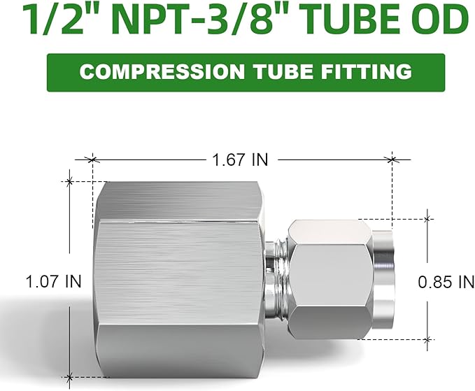 TAISHER 1PCS 304 Stainless Steel Compression Tube Pipe Fitting Connector, 3/8" Tube OD x 1/2" NPT Female Straight Adapter