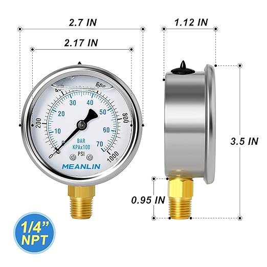 MEANLIN MEASURE 0~1000Psi Stainless Steel 1/4" NPT 2.5" FACE DIAL Liquid Filled Pressure Gauge WOG Water Oil Air Lower Mount, with 1/4" x 1/2" NPT and 1/4" x 3/8" NPT Hex Bushing