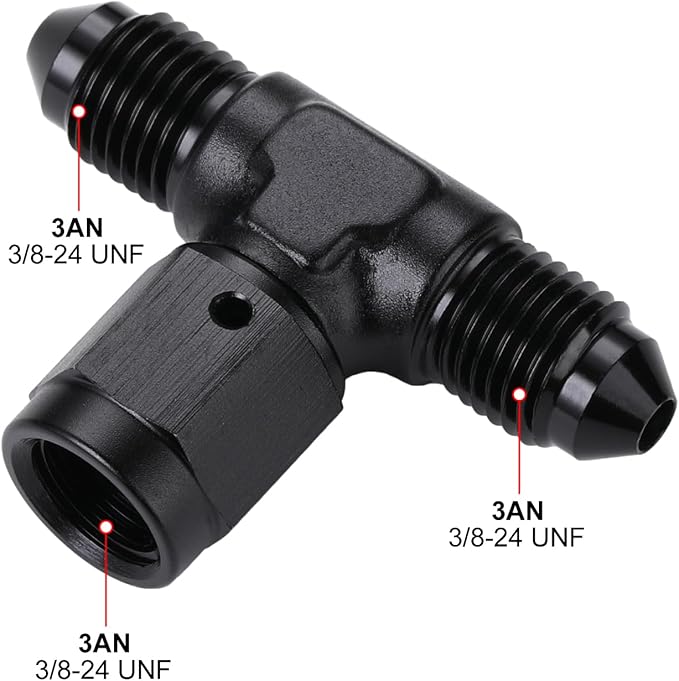 3AN Male Flare Tee T Fitting Adapter with AN3 Female Swivel On Side Aluminum Black