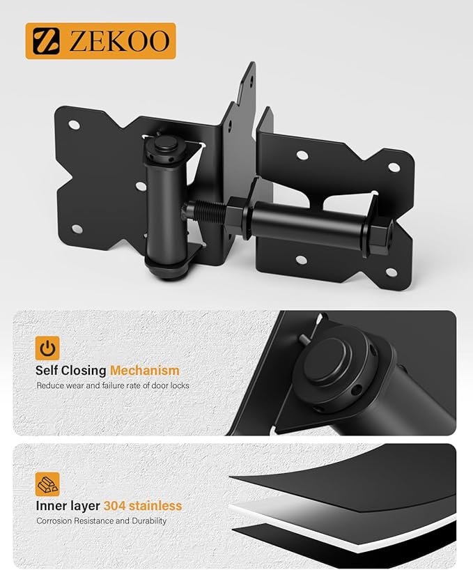 ZEKOO Stainless Steel Vinyl Fence Gate kit, Self Closing Gate Hinges and Latch, Rust Proof, Use for Vinyl Fence Gate and Wood Fences Gate, Heavy Duty 1 Gate Latch 2 Gate Hinges (Black)