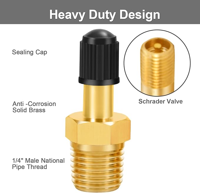 GODESON 1/4" NPT Tank Valve, Anti-Corrosion Brass Schrader Valve with 1/4" Male NPT,Using with Air Compressor Tanks(Pack of 4)