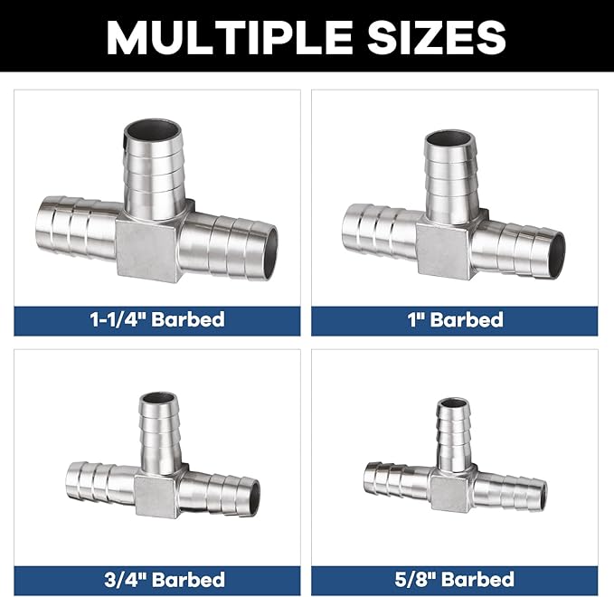 304 Stainless Steel 1-1/4" Barb x 1-1/4" Tee Joint Fitting Union for Water, Fuel, Air - 2PCS