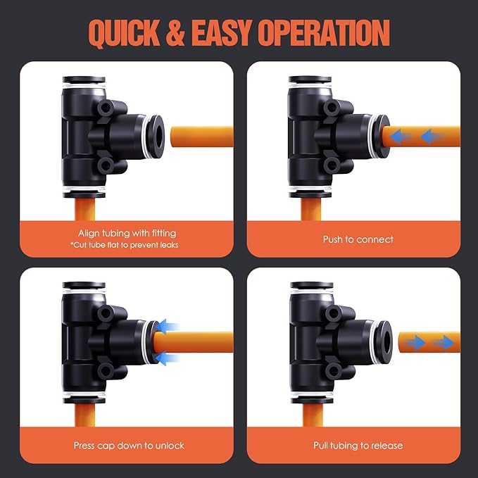 1/4" OD Push to Connect Fittings – Air Line Tee Connectors, Quick Connect Pneumatic Fittings, Push Lock Air Hose Fittings for Compressor, Air Tools & Tubing (10 PCS)