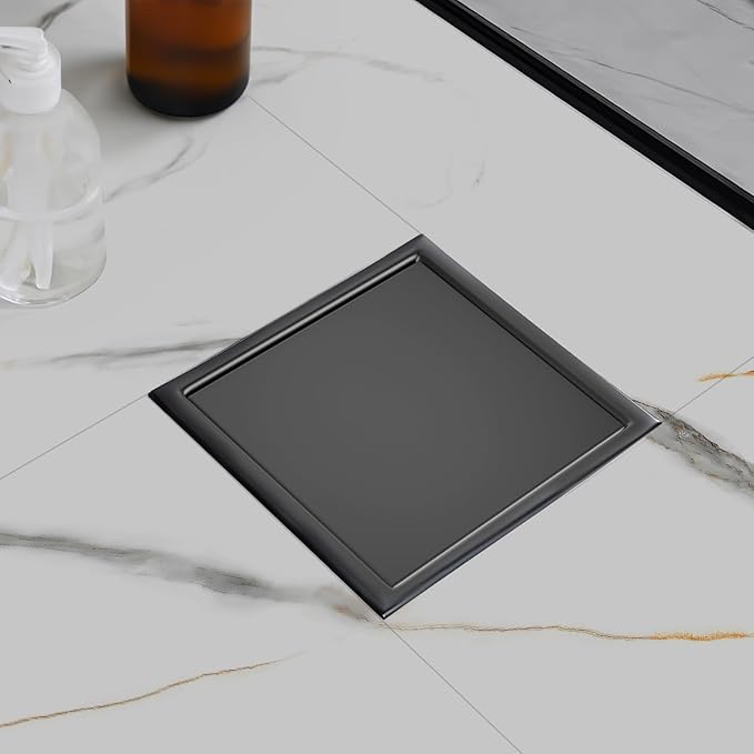 morefine Square Shower Floor Drain with Flange, Shower Drain 6 inch with 2 in 1 Tile-Insert Cover, SUS 304 Stainless Steel, Matte Black