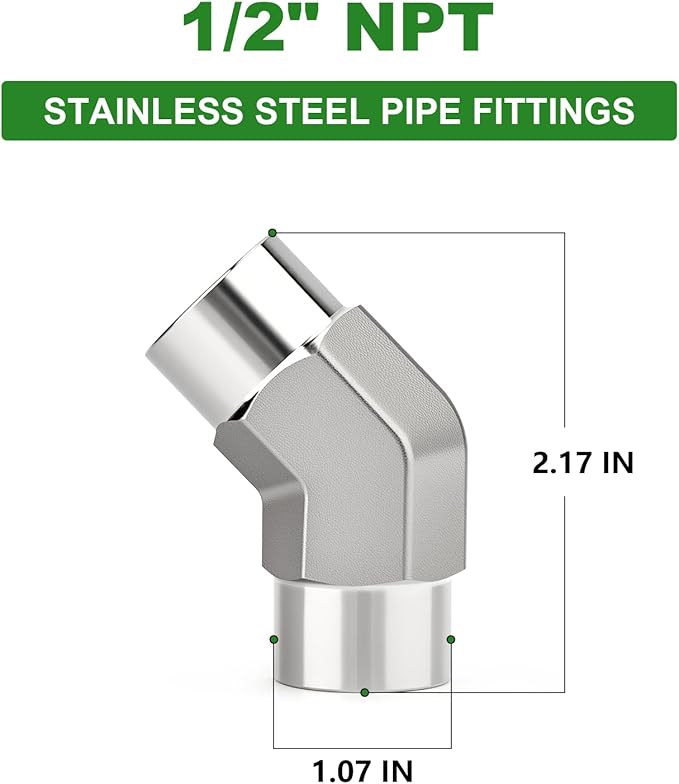 TAISHER 2PCS 304 Stainless Steel 45 Degree Barstock Street Elbow, 1/2" NPT Female x 1/2" NPT Female 304 Stainless Pipe Fitting