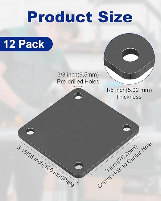 Rocaris 12 Pcs 4 X 4 X 1/5 Inch A36 Steel Plate Hot Rolled, Steel Base with 4 Holes Metal Square for Construction Boards, Structure Support, Weldable Square and Industrial