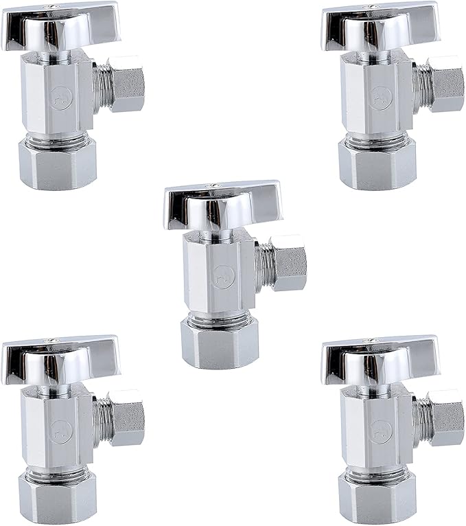 (5-Pack) Cyrret Angle Stop Shut off Valve 1/4 Quarter Turn 5/8" OD (1/2" Nominal) Compression Inlet X 3/8" OD Compression Outlet Chrome Plated Brass