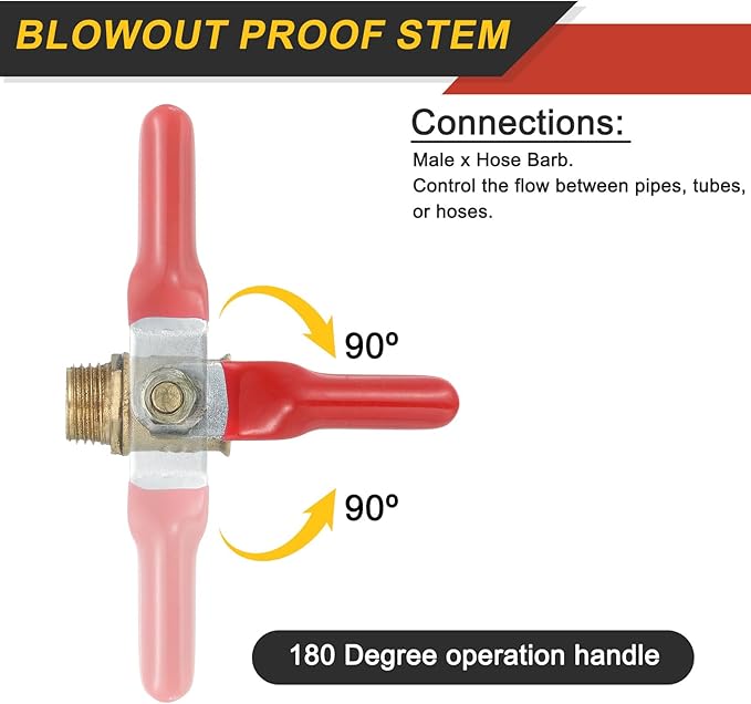 uxcell 2Pcs Brass Water Mini Ball Valve Shut Off Switch, G3/8" Male x 3/8" Hose Barb, 180 Degree Operation Handle, Brass Valve