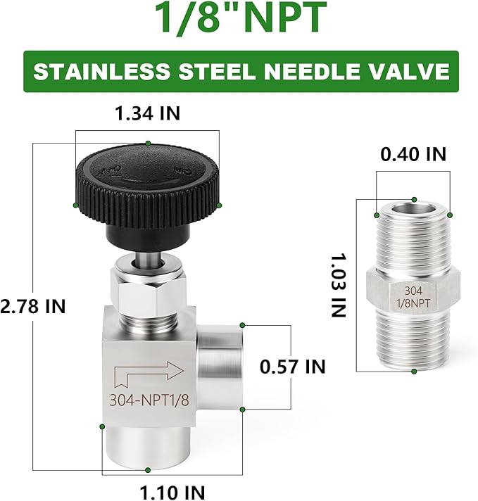 TAISHER 1PCS 304 Stainless Steel 90 Degree Needle Valve 1/8" Female NPT For Flow Control Water Gas Oil With Nipple