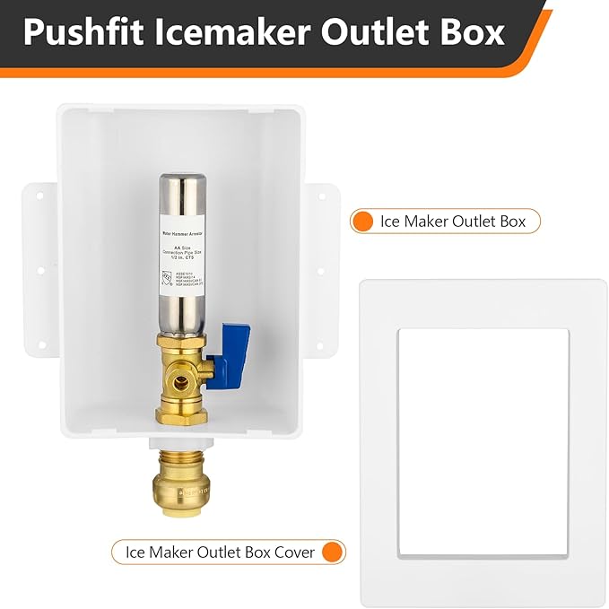 HeSun Push-to-Connect Ice Maker Outlet Box,Inlet 1/2 Inch Pushfit x Outlet 1/4 Inch OD Compression Connection,with Stainless Steel Water Hammer Arrestor