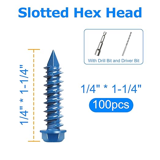 100PCS Concrete Screws Assortment Kit, 1/4" x1-1/4 Masonry Screws with Drill Bit and Driver Bit, Hex Head Cement Screws and Anchor, Diamond Point, Self Tapping Concrete Brick or Stucco, Blue Coated