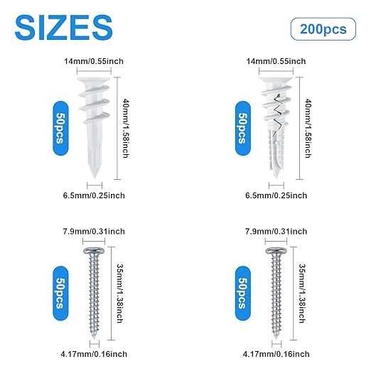 200-Piece Versatile Drywall Anchors Kit - Heavy Duty Zinc Alloy & Anchors with Screws，Self Drilling Metal & Plastic Hangers with Screws|100#6 Heavy Duty Metal (50lbs) + 100#8 Plastic（80lbs）