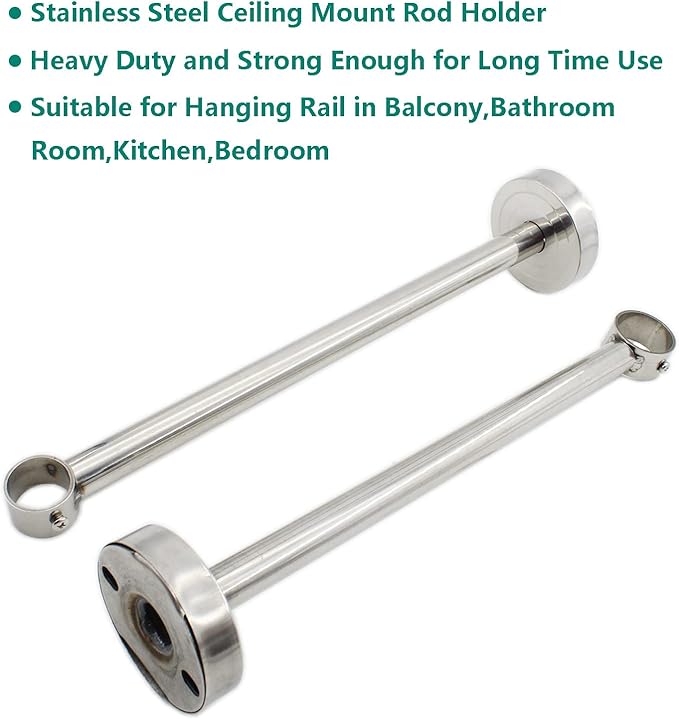2Pcs Ceiling Mount Curtain Rod Holder, Flange Ceiling Mount Bracket with Stainless Steel Shower Curtain Rod Socket