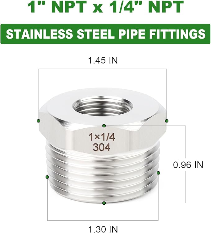 TAISHER 5PCS 304 Stainless Steel New Reducer Hex Bushing, 1" NPT Male x 1/4" NPT Female, Reducing Pipe Adapter Fitting