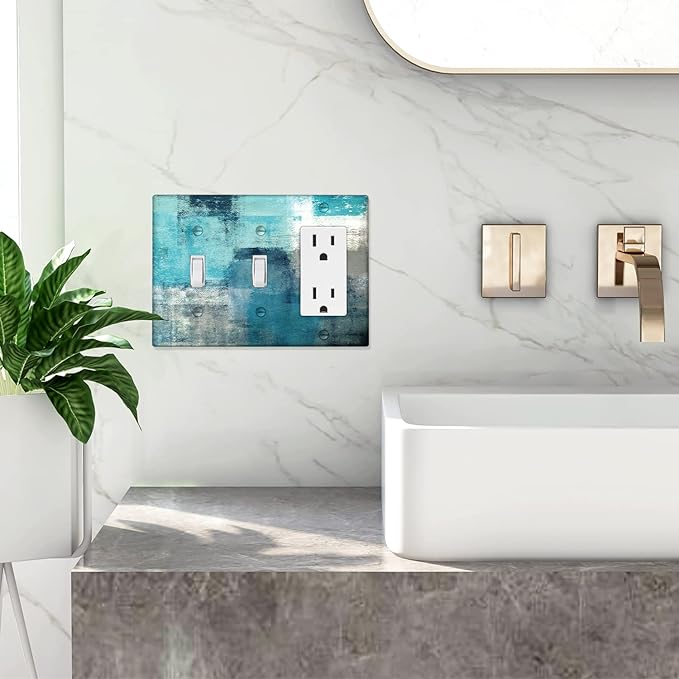 Turquoise Grey Light Switch Cover 3 Gang Decora/Toggle Decorative Wall Switch Plates Abstract Art Wallplates Outlets Cover for Kitchen Bedroom Decor