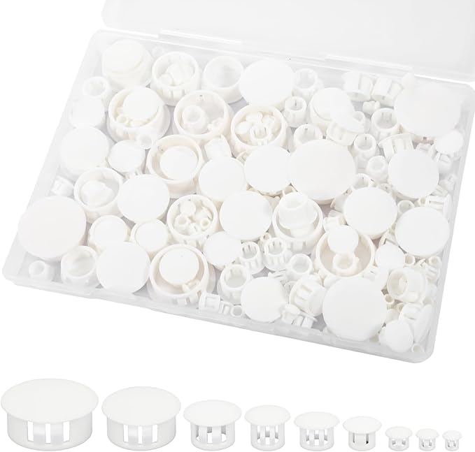 190 Pcs 9 Sizes White Hole Plugs, Plastic Hole Plugs 1/5" 1/4" 5/16" 3/8" 1/2" 5/8" 3/4" 7/8" 1" White Panel Knockout Locking Plug, Round Drill Screw Covers for Kitchen Cabinet Furniture